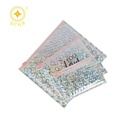 Holographic Pouches Metallic Foil Mylar Zipper Bubble Mailer Makeup Pouch