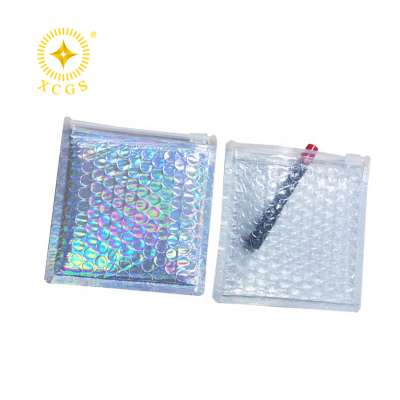 Custom Size Rainbow Holographic Zipper Top Reclosable Bubble Gift Bag Bubble Zip Packaging Bags For Cosmetic Lipstick Packaging